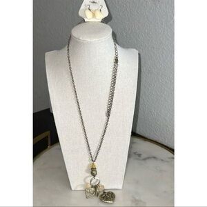 VCLM necklace set earrings silver tone hearts brown cream